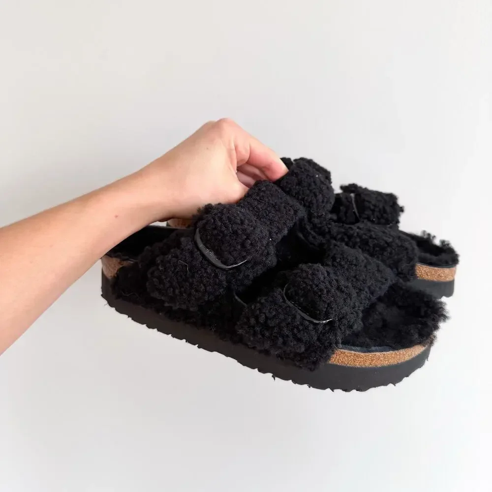 Birkenstock Papillio Arizona Big Buckle Shearling Slide Sandals Black 9 NWOT